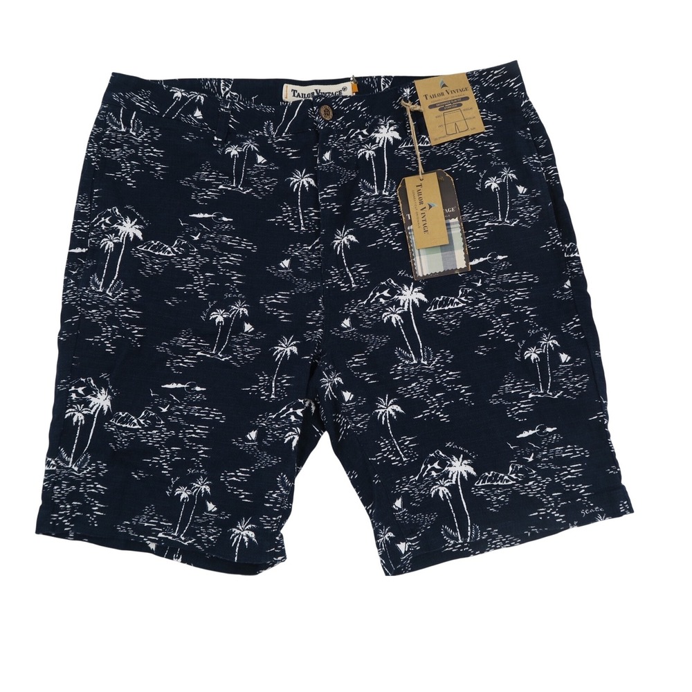 Tailor‎ Vintage Mens 38 Greenwich Slim Fit Shorts Navy Blue Tropical Palm Cotton